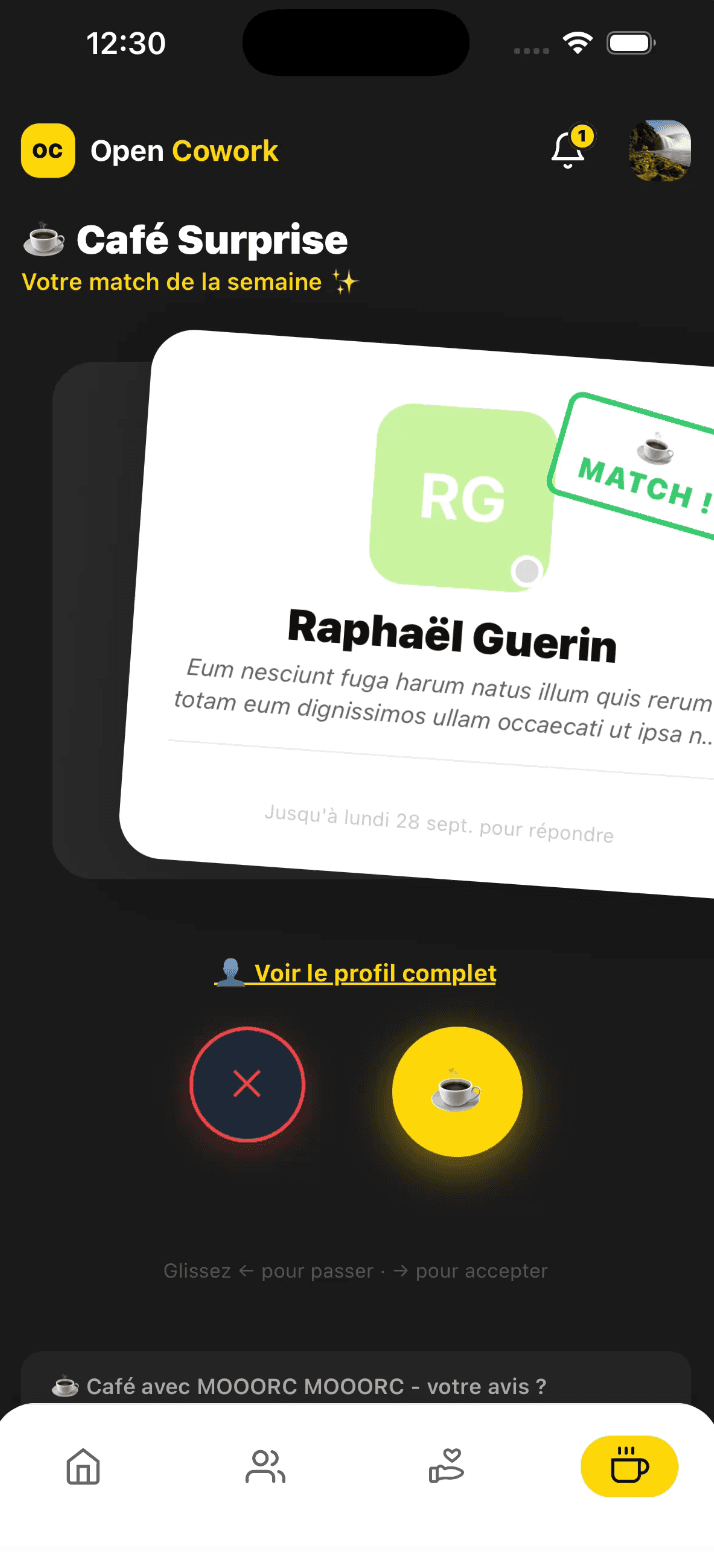 Écran café surprise de l'app Open Cowork proposant un match avec un autre coworker